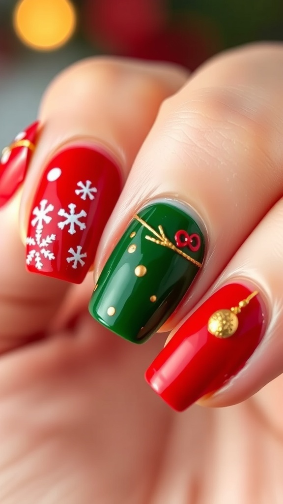 Short natural nails with red and green Christmas designs, featuring snowflakes and gold accents.